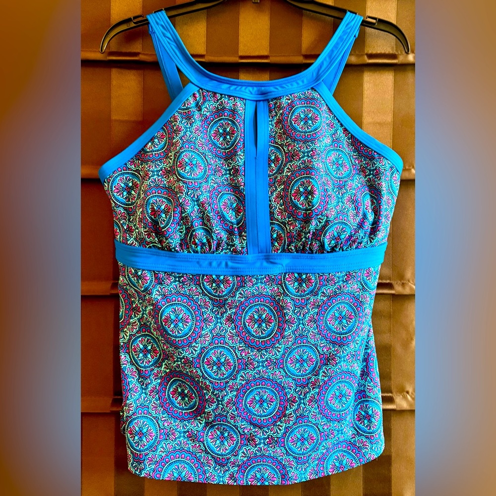 Lands' End Blue and Pink Patterned Tankini Swimsuit Top